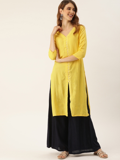 

IMARA Women Yellow Solid Straight Fusion Kurta