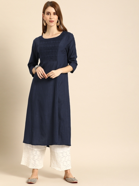 

IMARA Women Navy Blue Solid Straight Kurta With Lace Inserts