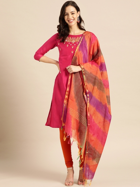 

IMARA Women Pink & Orange Yoke Design Kurta with Churidar & Dupatta