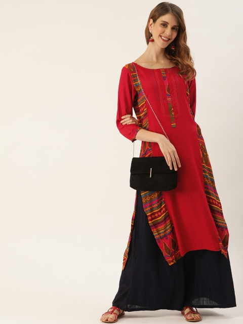 

IMARA Women Red & Green Printed Straight Kurta