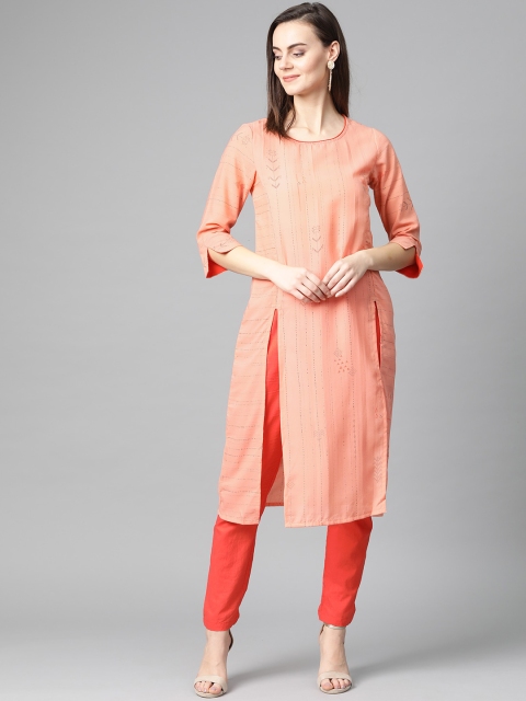 

IMARA Women Peach-Coloured Printed Straight Kurta