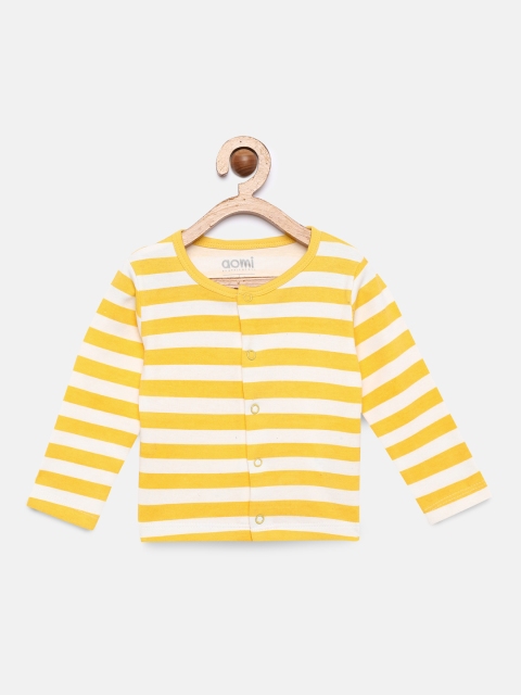 

Aomi Unisex Off-White & Yellow Striped Round Neck T-shirt