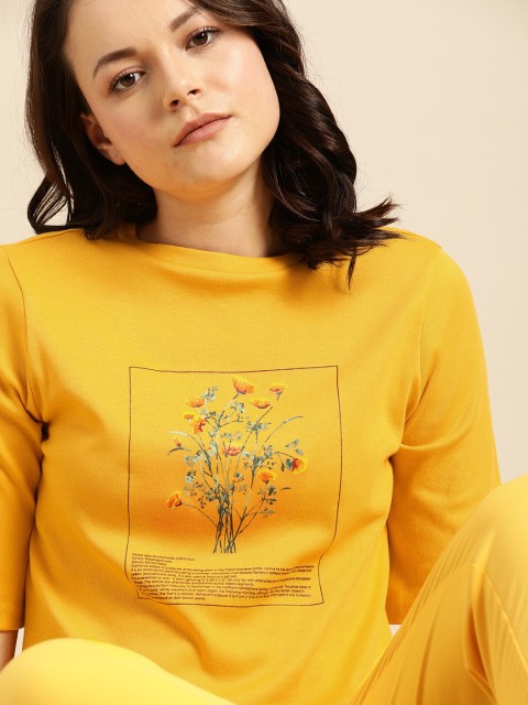 

ether Women Mustard Yellow Printed Round Neck Pure Cotton T-shirt