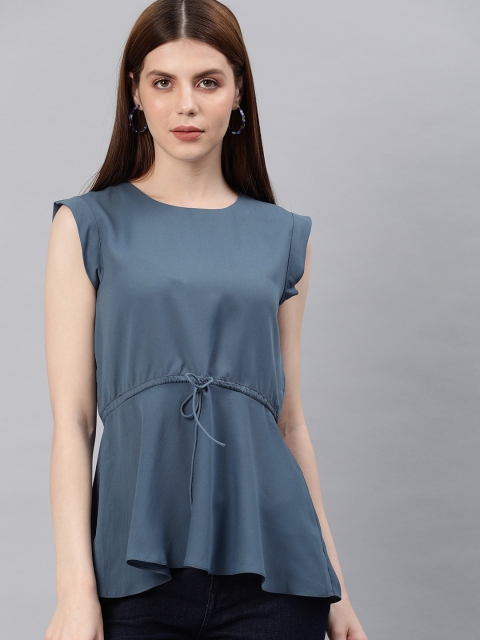 

EMBLAZE Women Blue Solid Cinched Waist Top With Tie-Up Detail