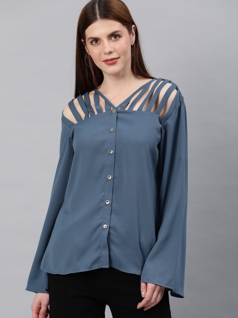 

EMBLAZE Women Blue Solid Shirt Style Top With Cut-Out Detailing