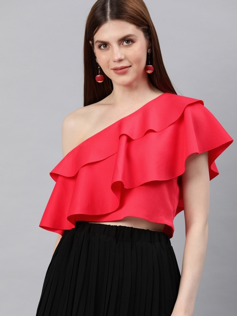 

EMBLAZE Women Coral Red Solid Tiered Cropped Top