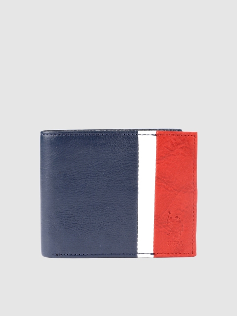 

U.S. Polo Assn. Men Navy Blue & Red Colourblocked Leather Two Fold Wallet