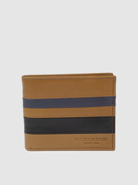

U.S. Polo Assn. Men Brown & Blue Striped Leather Two Fold Wallet