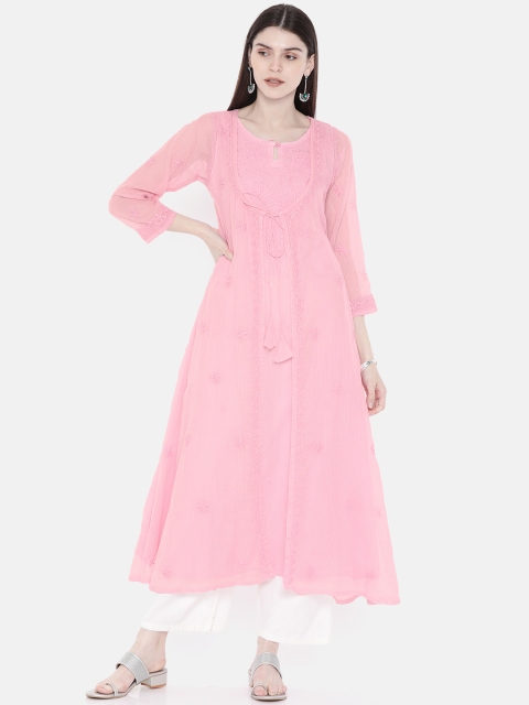 

ADA Women Pink Embroidered Lucknow Chikankari A-Line Sustainable Kota Kurta