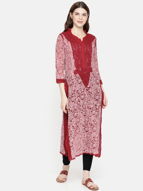 

ADA Women Red & White Chikankari Embroidered Straight Sustainable Kurta