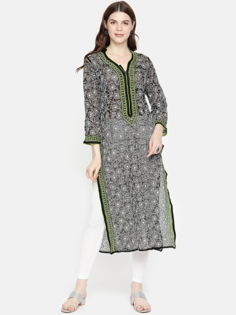 

ADA Women Black & White Embroidered Straight Sustainable Kurta