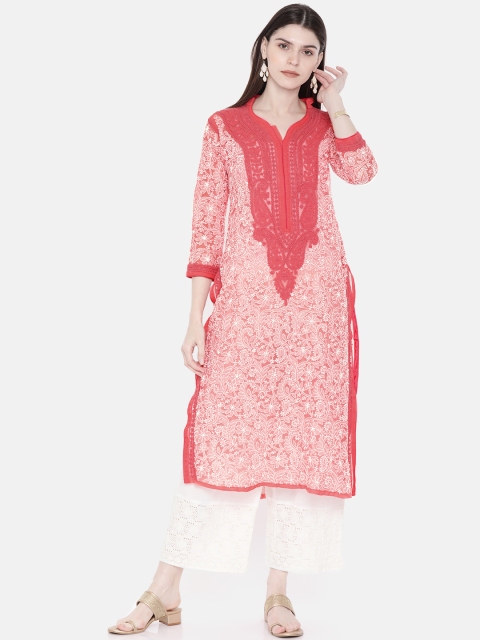 

ADA Women Coral Pink & White Lucknow Chikankari Embroidered Straight Sustainable Kurta