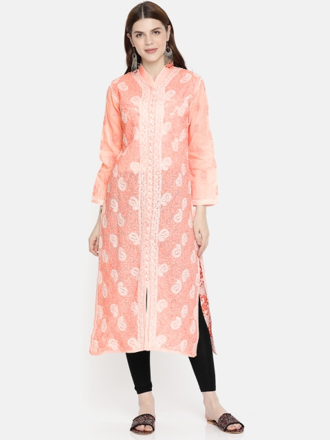 

ADA Women Peach-Coloured & White Embroidered Straight Lucknow Chikankari Kurta