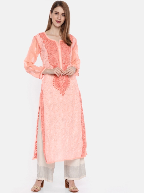 

ADA Women Peach-Coloured & White Embroidered Straight Lucknowi Chikankari Kurta