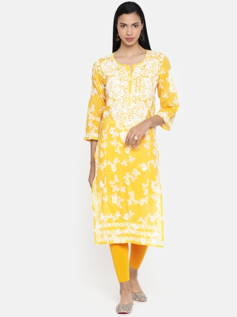 

ADA Women Yellow & White Embroidered Straight Sustainable Kurta