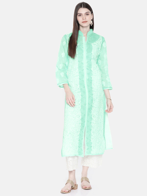 

ADA Women Sea Green & White Embroidered Straight Chikankari Sustainable Kurta