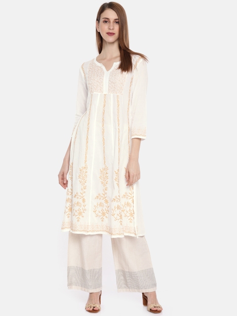 

ADA Women White & Beige Embroidered A-Line Lucknowi Chikankari Sustainable Kurta