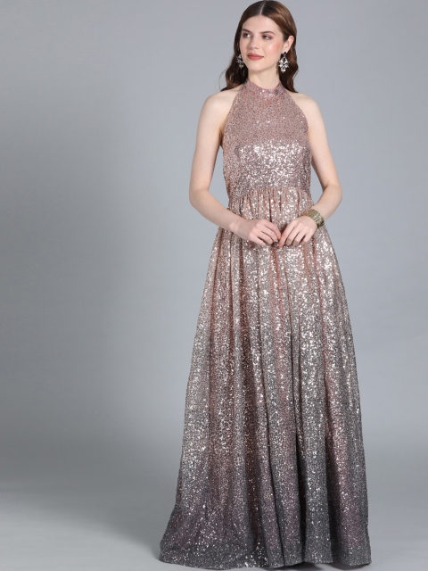 

EthnoVogue Women Golden & Black Embellished Maxi Dress, Gold