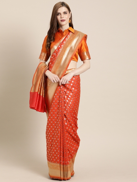 

Inddus Red & Gold-Toned Silk Blend Zari Woven Design Banarasi Saree
