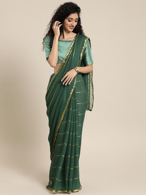

Inddus Green & Gold-Toned Poly Georgette Woven Design Saree