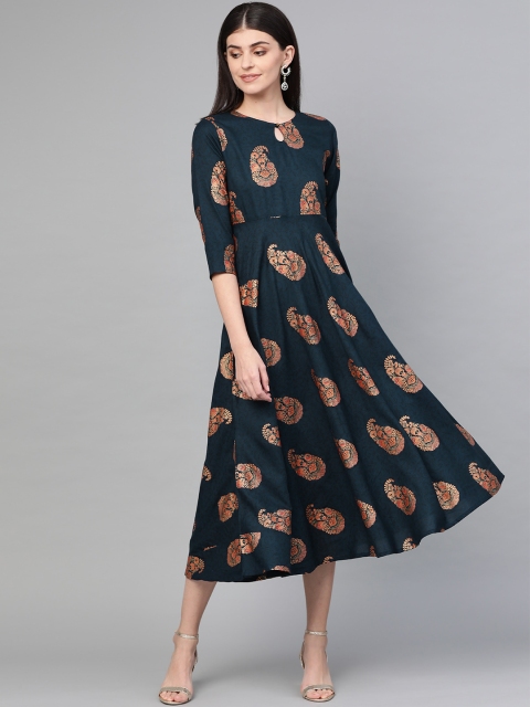 

Yufta Women Navy Blue & Orange Floral Printed A-Line Dress