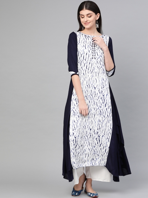 

Yufta Women White & Navy Blue Printed Asymmetric A-Line Kurta