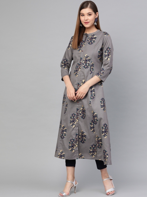 

Yufta Women Grey & Navy Blue Printed A-Line Kurta