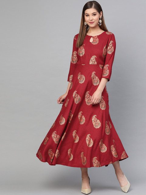 

Yufta Women Maroon & Golden Floral Printed Maxi Dress