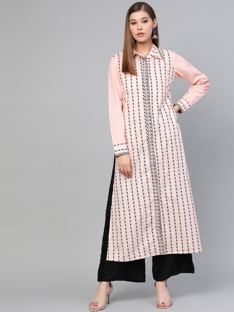 

Yufta Women Peach-Coloured & Black Printed A-Line Kurta