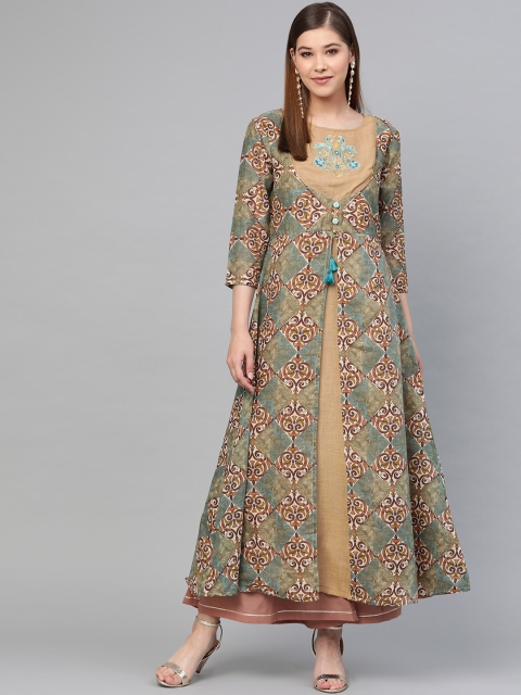 

Yufta Women Green & Beige Printed Layered Anarkali Kurta