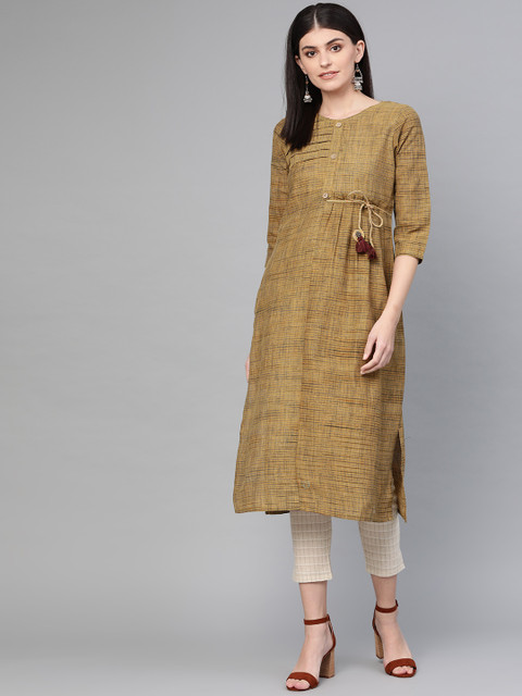 

Yufta Women Mustard Brown & Off-White Self Checked Kurta with Trousers
