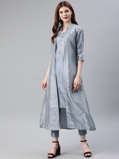 

Alena Women Blue & Gold-Toned Checked Layered Kurta with Trousers & Jacket