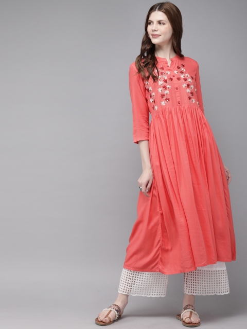 

Alena Women Coral Pink Embroidered A-Line Kurta