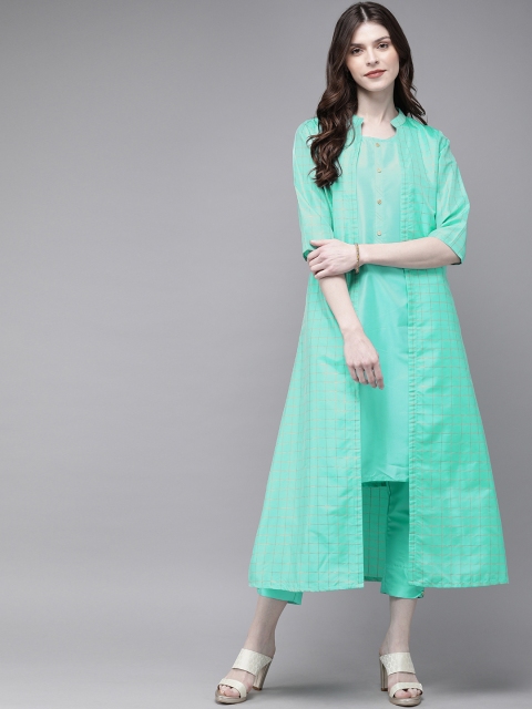

Alena Women Turquoise Blue Checked Layered Fusion Kurta with Trousers and Jacket