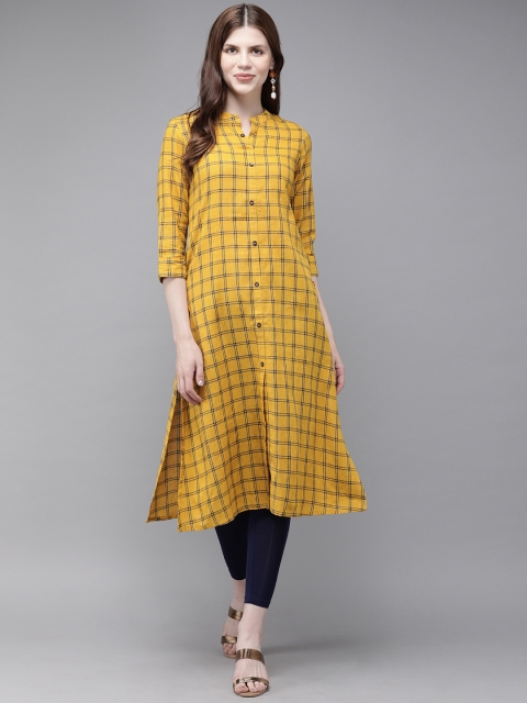 

Alena Women Mustard Yellow & Navy Blue Checked Straight Kurta
