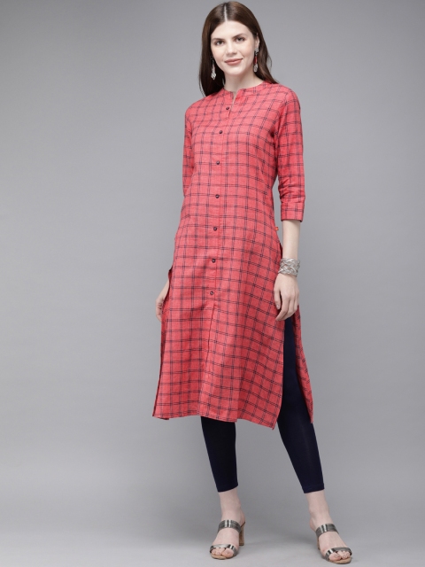 

Alena Women Coral Red & Navy Blue Checked Straight Kurta