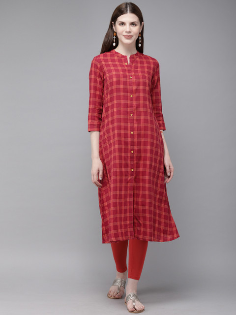 

Alena Women Maroon & Orange Checked Straight Kurta