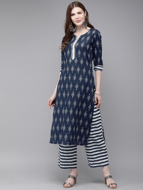 

Alena Women Navy Blue & Beige Printed Kurta with Palazzos