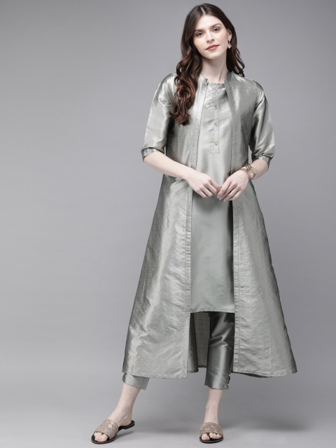 

Alena Women Grey & Gold-Toned Checked Layered Fusion Kurta with Trousers and Jacket