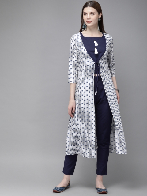 

Anouk Women Navy Blue & White Solid Top with Trousers & Jacket