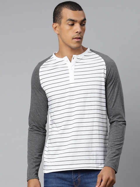 

Metronaut Men White & Black Striped Henley Neck T-shirt
