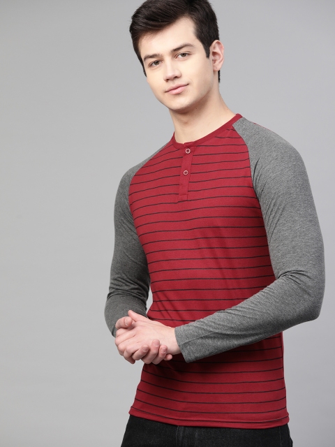 

Metronaut Men Maroon & Black Striped Henley Neck T-shirt