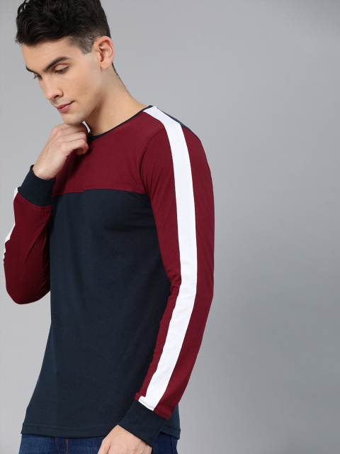 

Metronaut Men Navy Blue & Maroon Colourblocked Round Neck T-shirt With Striped Detailing