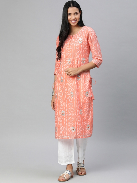 

Divena Women Peach-Coloured & White Printed Straight Kurta With Mirror Work