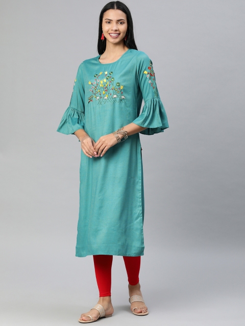 

Divena Women Teal Green Embroidered Straight Kurta