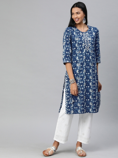 

Divena Women Navy Blue & White Printed Kurta with Churidar