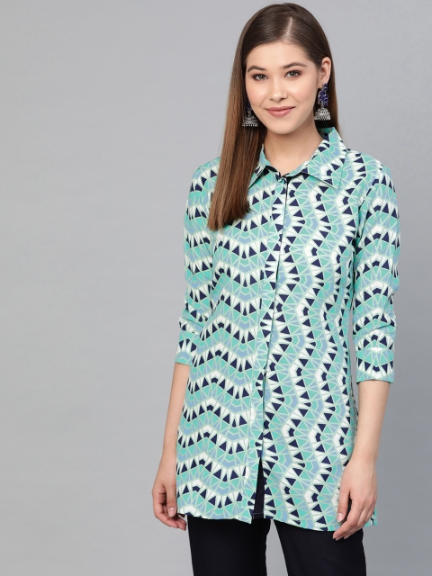 

Yufta Women Green & Navy Blue Regular Fit Printed Casual Shirt