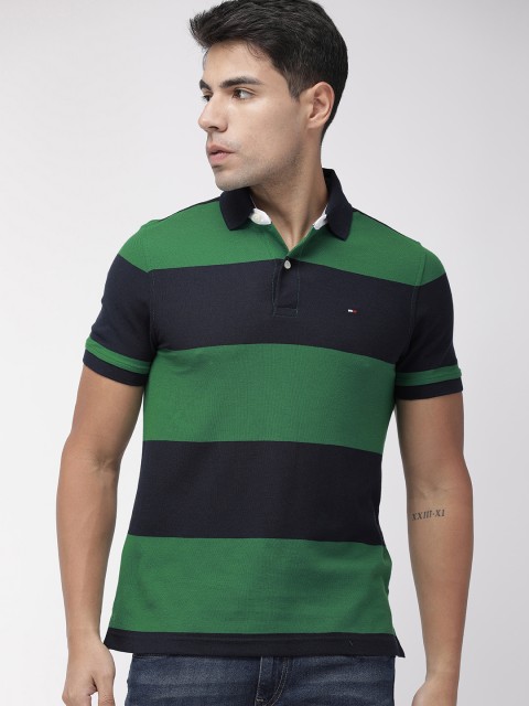 

Tommy Hilfiger Men Green Striped Polo Collar T-shirt