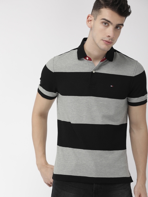 

Tommy Hilfiger Men Black & Grey Striped Polo Collar T-shirt
