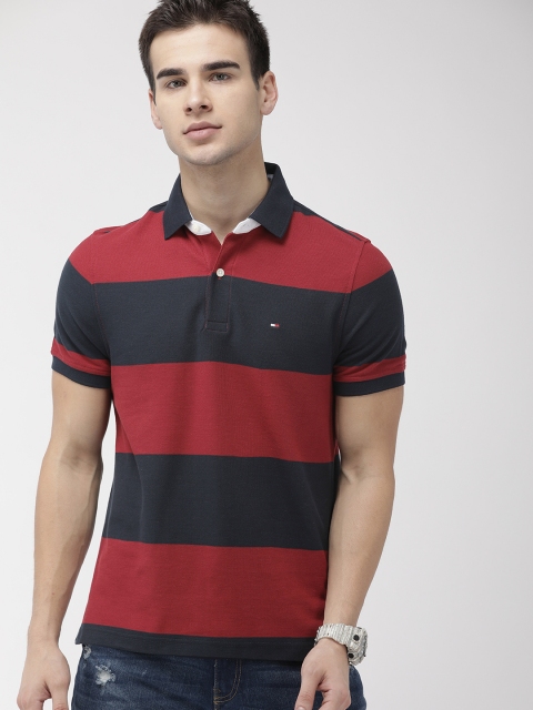 

Tommy Hilfiger Men Red & Navy Blue Striped Polo T-shirt